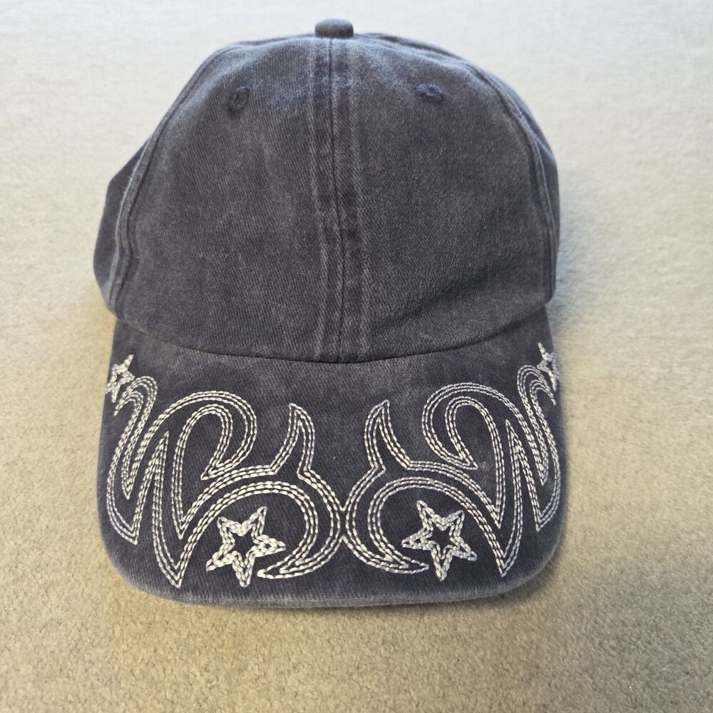 Free People Understated Leather Reiko Washed Baseball Hat Blue Denim Embroidered
